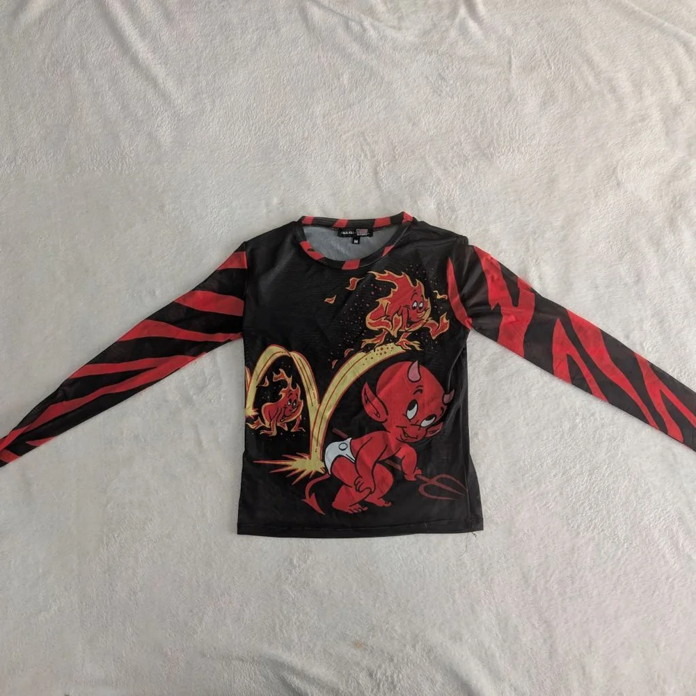 Dolls Kill Hot Stuff Casper Black Red Mesh Trusty Trident Long Sleeve Tee - Med